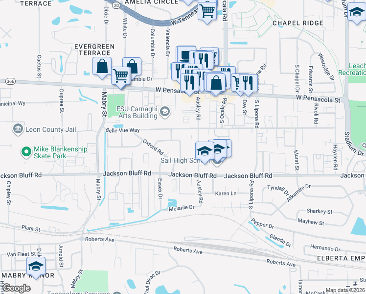 map of restaurants, bars, coffee shops, grocery stores, and more near 323 Meadowbrook Lane in Tallahassee
