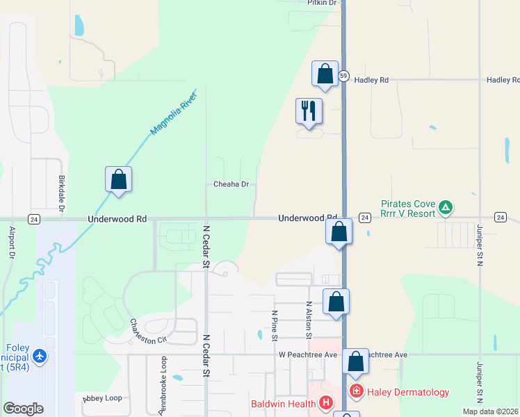 map of restaurants, bars, coffee shops, grocery stores, and more near 14546 Abacus Dr in Foley
