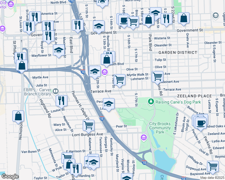 map of restaurants, bars, coffee shops, grocery stores, and more near 1254 South 14th Street in Baton Rouge
