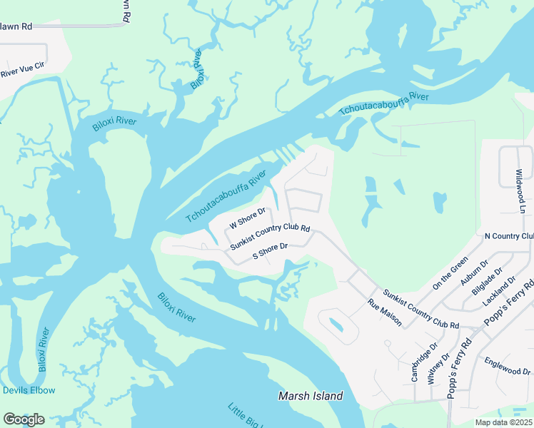 map of restaurants, bars, coffee shops, grocery stores, and more near 2431 West Shore Drive in Biloxi
