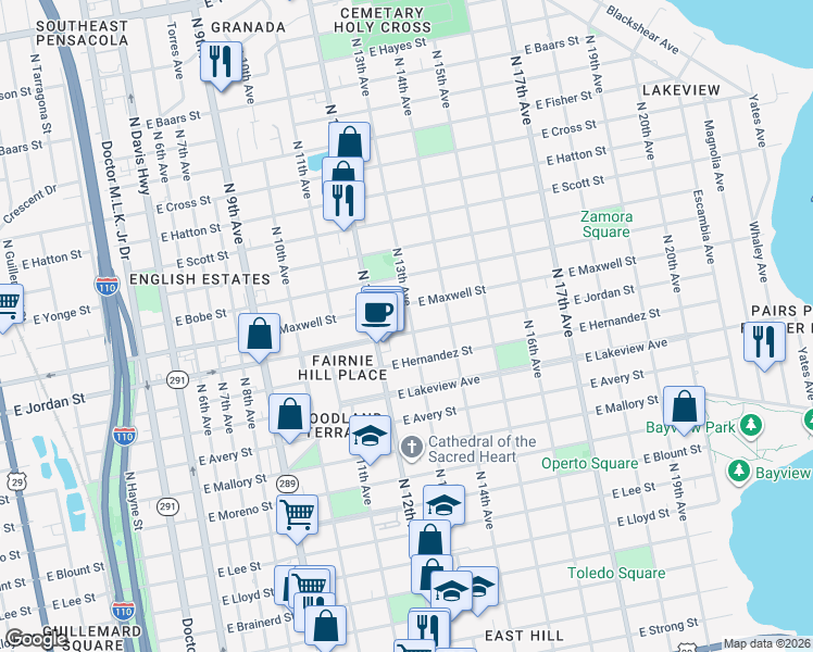 map of restaurants, bars, coffee shops, grocery stores, and more near 1240 East Jordan Street in Pensacola