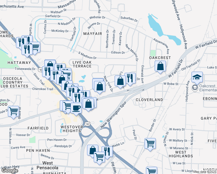 map of restaurants, bars, coffee shops, grocery stores, and more near 2 Wyoming Drive in Pensacola
