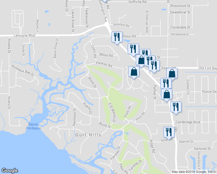 map of restaurants, bars, coffee shops, grocery stores, and more near 6501 Little Church Road in Ocean Springs
