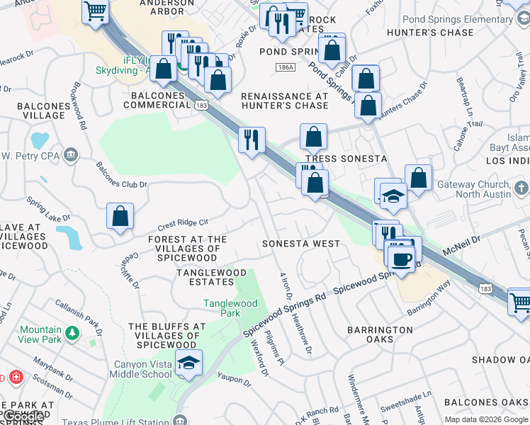 map of restaurants, bars, coffee shops, grocery stores, and more near 8600 Lemens Spice Trail in Austin