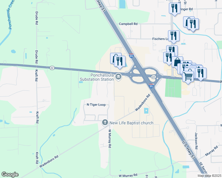 map of restaurants, bars, coffee shops, grocery stores, and more near 39728 Rou Mar Nei Drive in Ponchatoula