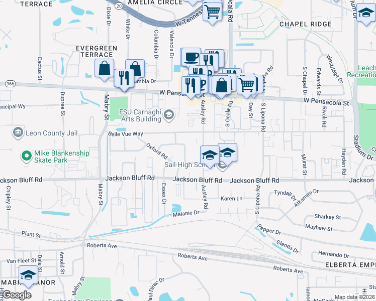 map of restaurants, bars, coffee shops, grocery stores, and more near 323 Meadowbrook Lane in Tallahassee