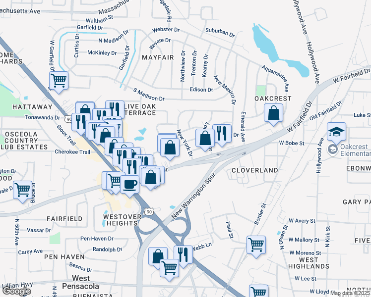 map of restaurants, bars, coffee shops, grocery stores, and more near 103 New York Drive in Pensacola