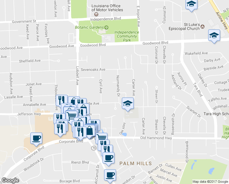 map of restaurants, bars, coffee shops, grocery stores, and more near 1450 Normandy Drive in Baton Rouge