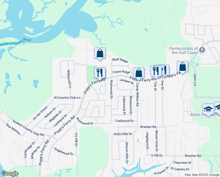 map of restaurants, bars, coffee shops, grocery stores, and more near 879 Rustwood Drive in Biloxi