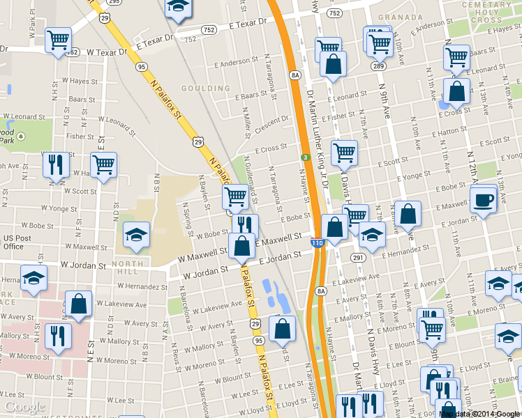 map of restaurants, bars, coffee shops, grocery stores, and more near 107 East Yonge Street in Pensacola