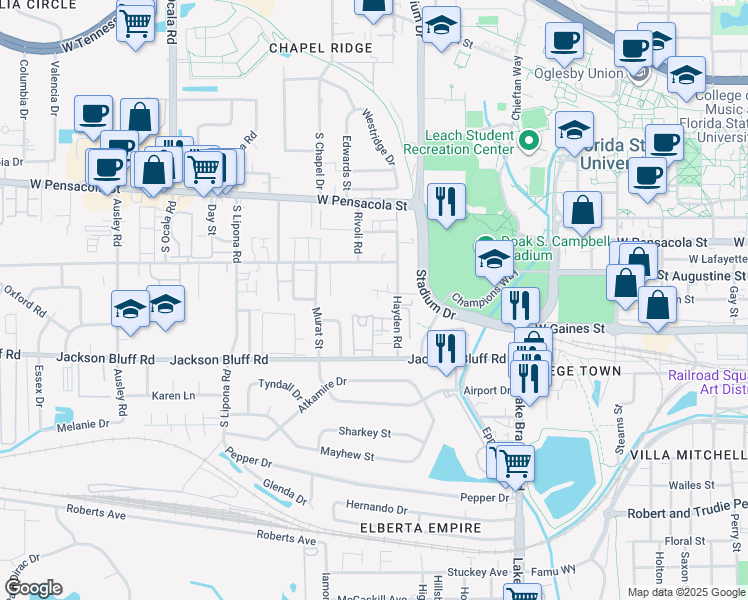 map of restaurants, bars, coffee shops, grocery stores, and more near 378 Hayden Road in Tallahassee