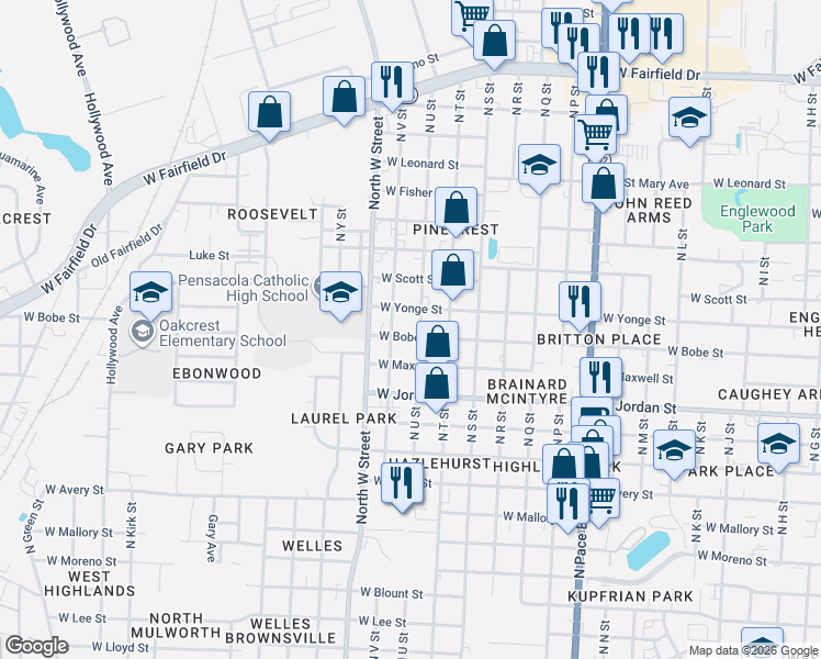 map of restaurants, bars, coffee shops, grocery stores, and more near 2704 West Bobe Street in Pensacola