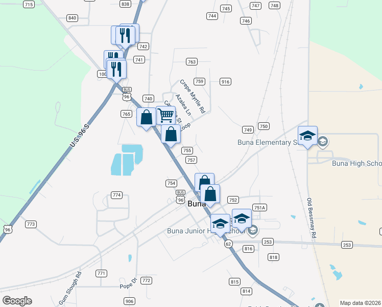 map of restaurants, bars, coffee shops, grocery stores, and more near 129 County Road 757 in Buna
