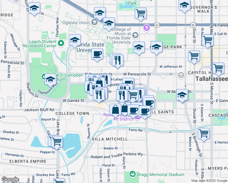 map of restaurants, bars, coffee shops, grocery stores, and more near 724 West Madison Street in Tallahassee