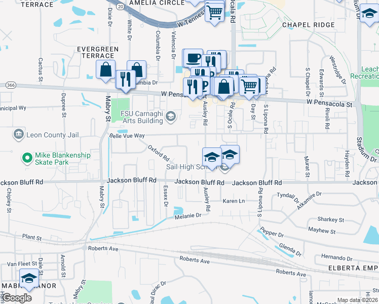 map of restaurants, bars, coffee shops, grocery stores, and more near 323 Meadowbrook Lane in Tallahassee