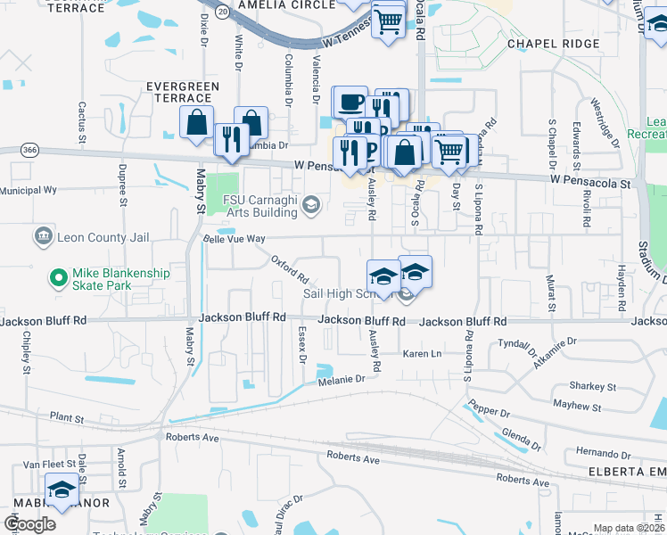 map of restaurants, bars, coffee shops, grocery stores, and more near 323 Meadowbrook Lane in Tallahassee