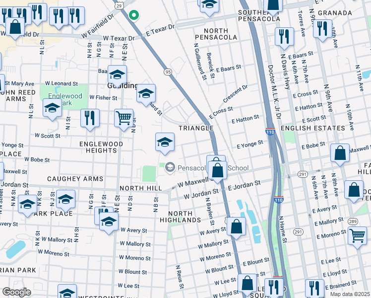 map of restaurants, bars, coffee shops, grocery stores, and more near 2408 North Spring Street in Pensacola