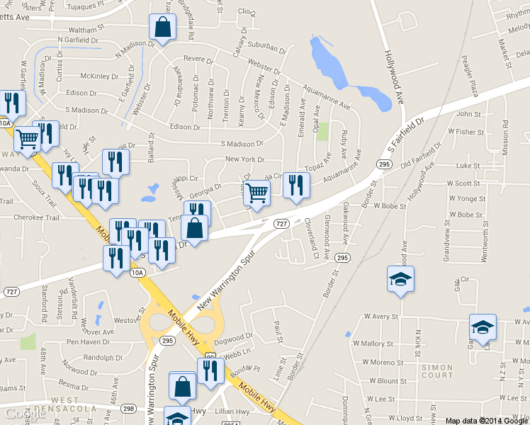map of restaurants, bars, coffee shops, grocery stores, and more near 4020 West Fairfield Drive in Pensacola