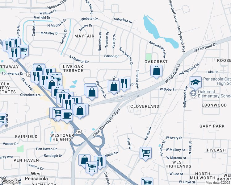 map of restaurants, bars, coffee shops, grocery stores, and more near 104 Louisiana Drive in Pensacola