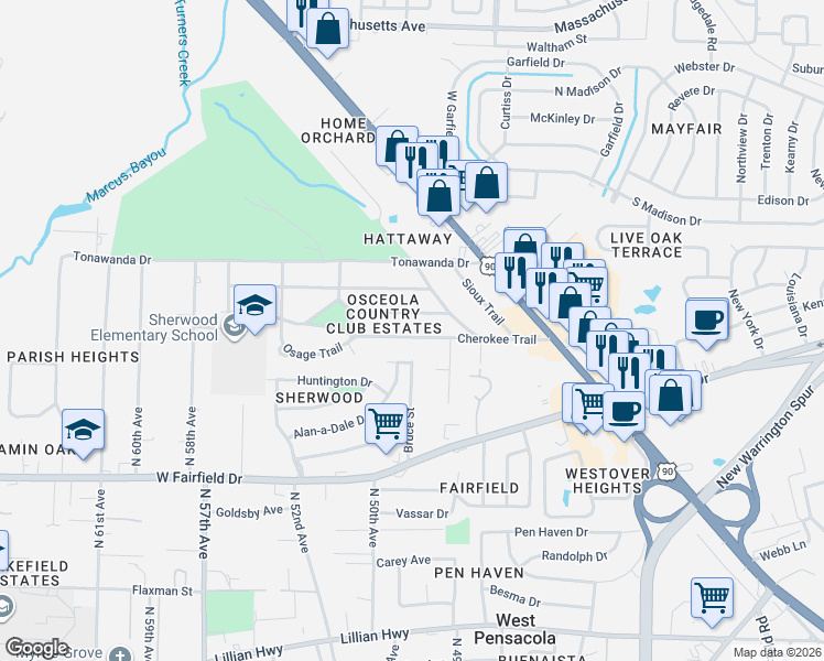 map of restaurants, bars, coffee shops, grocery stores, and more near 224 Cherokee Trail in Pensacola