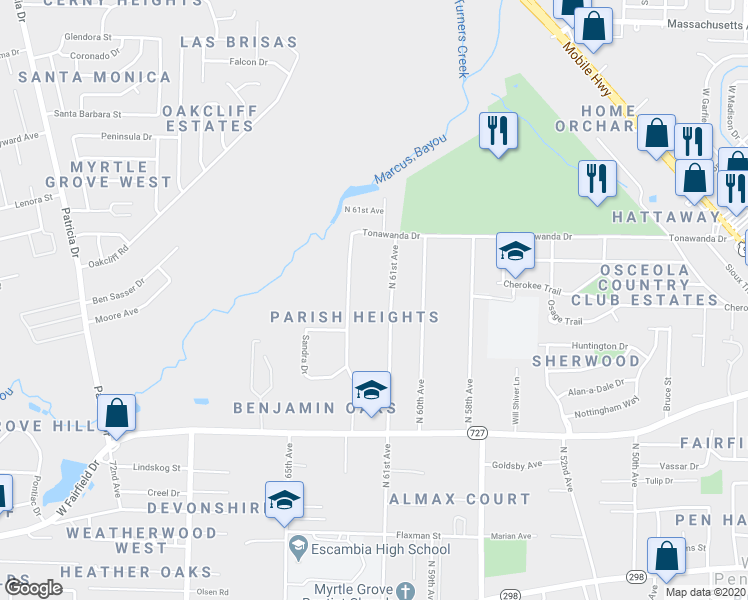 map of restaurants, bars, coffee shops, grocery stores, and more near 2000-2010 Brenda Avenue in Pensacola