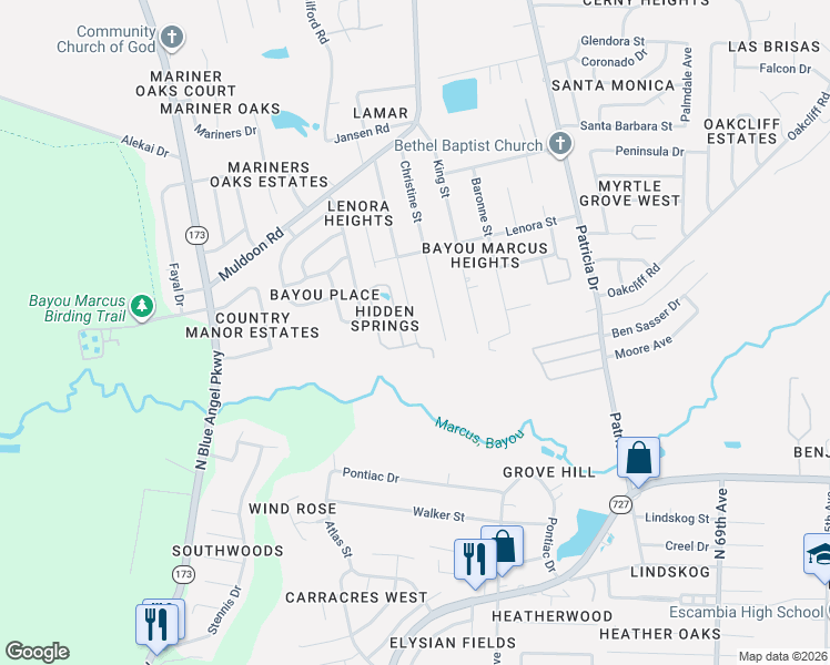 map of restaurants, bars, coffee shops, grocery stores, and more near 2707 Donley Street in Pensacola
