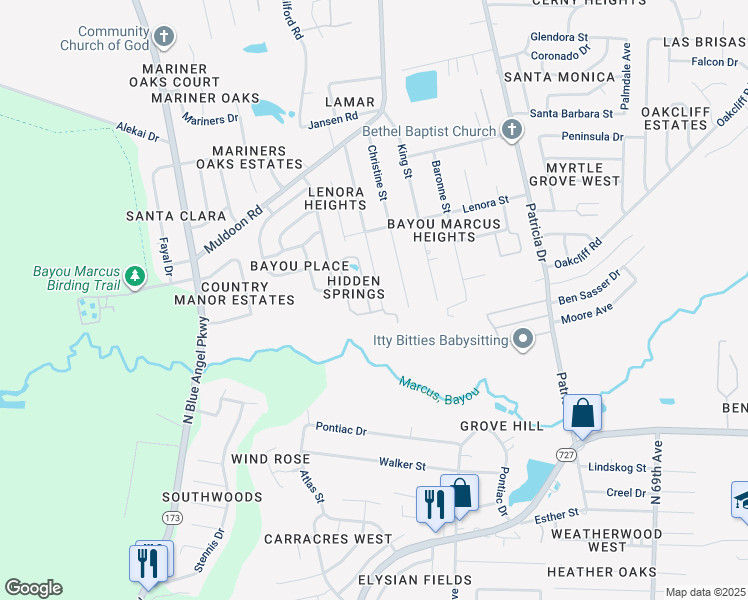 map of restaurants, bars, coffee shops, grocery stores, and more near 2707 Donley Street in Pensacola
