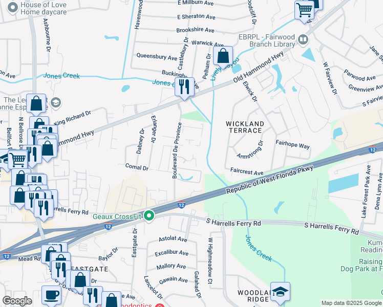 map of restaurants, bars, coffee shops, grocery stores, and more near 1855 Boulevard De Province in Baton Rouge