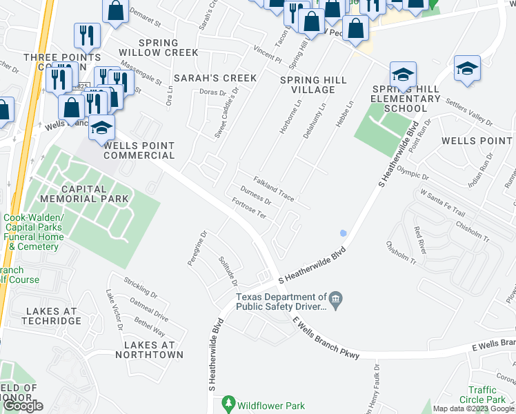 map of restaurants, bars, coffee shops, grocery stores, and more near 808 Fortrose Ter in Pflugerville