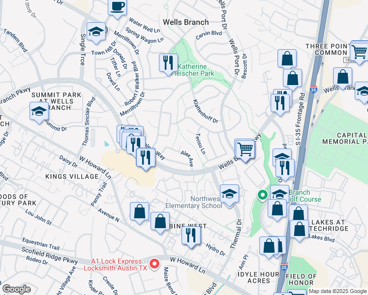 map of restaurants, bars, coffee shops, grocery stores, and more near 14201 Sussman Court in Austin