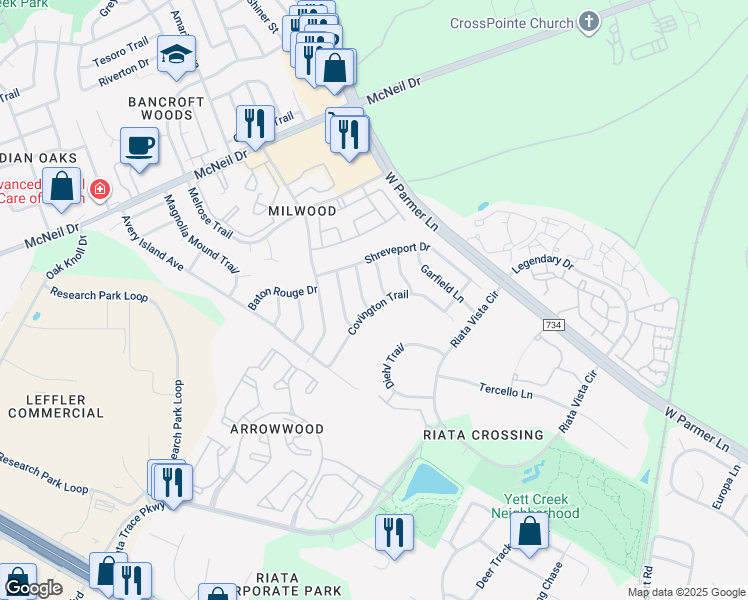 map of restaurants, bars, coffee shops, grocery stores, and more near 12812 Covington Trail in Austin