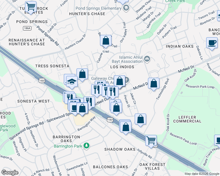 map of restaurants, bars, coffee shops, grocery stores, and more near 7304 McNeil Drive in Austin
