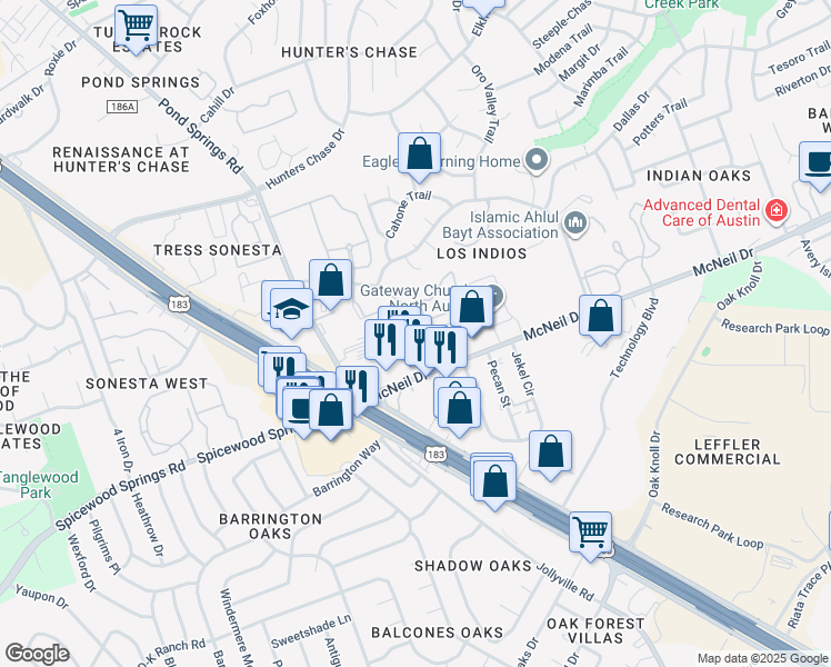 map of restaurants, bars, coffee shops, grocery stores, and more near 7304 McNeil Drive in Austin