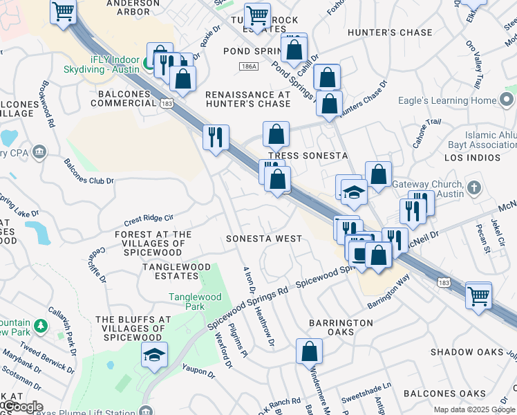 map of restaurants, bars, coffee shops, grocery stores, and more near 8312 Fathom Circle in Austin
