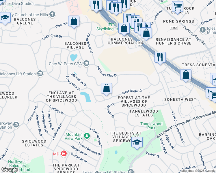 map of restaurants, bars, coffee shops, grocery stores, and more near 8801 Fairway Hill Drive in Austin