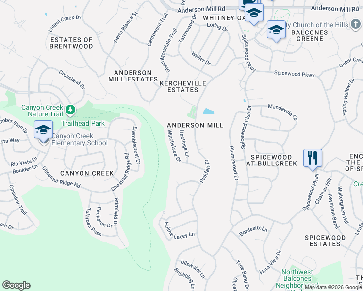 map of restaurants, bars, coffee shops, grocery stores, and more near 10702 Hastings Lane in Austin