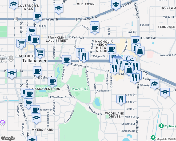 map of restaurants, bars, coffee shops, grocery stores, and more near 1017 Myers Park Drive in Tallahassee