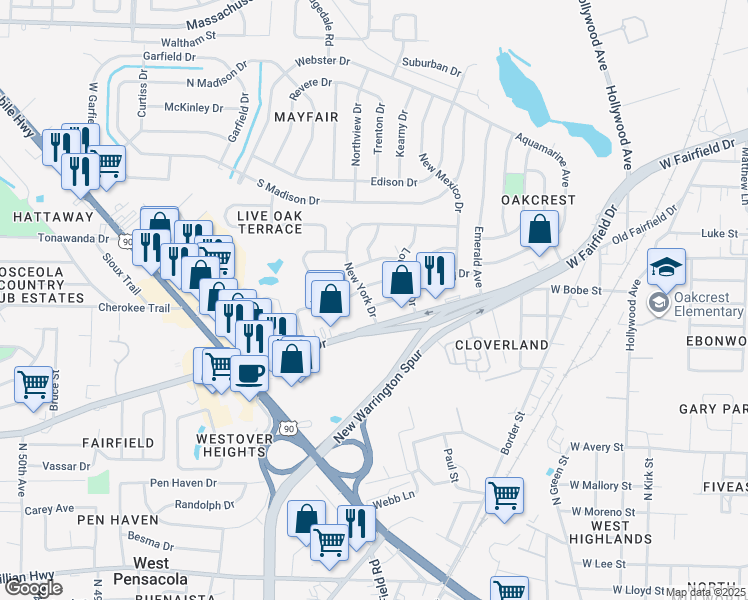map of restaurants, bars, coffee shops, grocery stores, and more near 2 Wyoming Drive in Pensacola