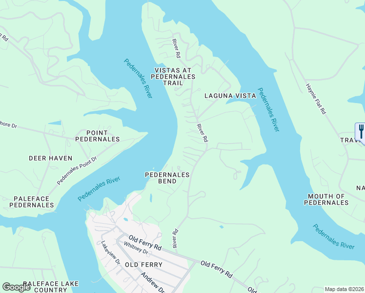 map of restaurants, bars, coffee shops, grocery stores, and more near 25100 River Road in Spicewood