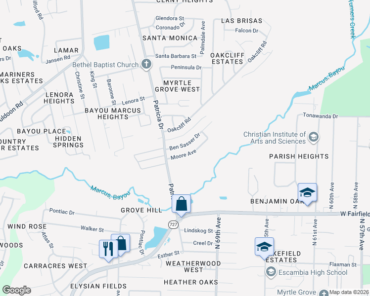 map of restaurants, bars, coffee shops, grocery stores, and more near 7155 Ben Sasser Drive in Pensacola