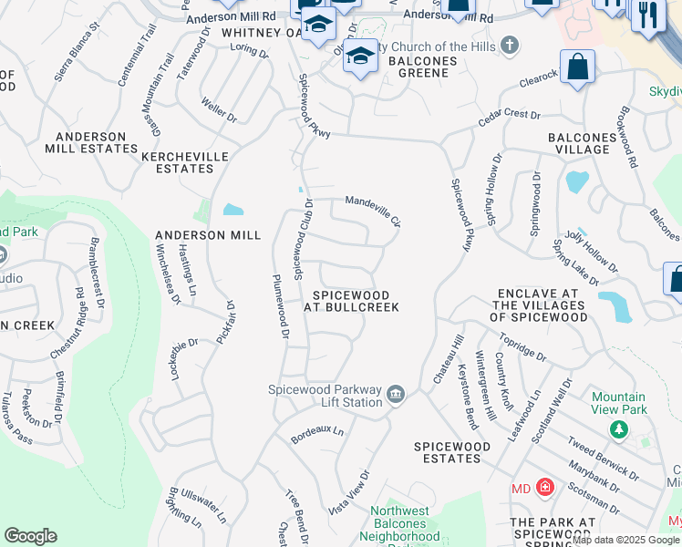 map of restaurants, bars, coffee shops, grocery stores, and more near 9909 Brandywine Circle in Austin