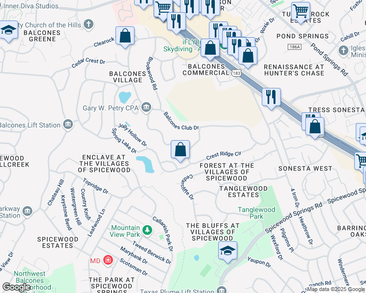 map of restaurants, bars, coffee shops, grocery stores, and more near 8801 Fairway Hill Drive in Austin