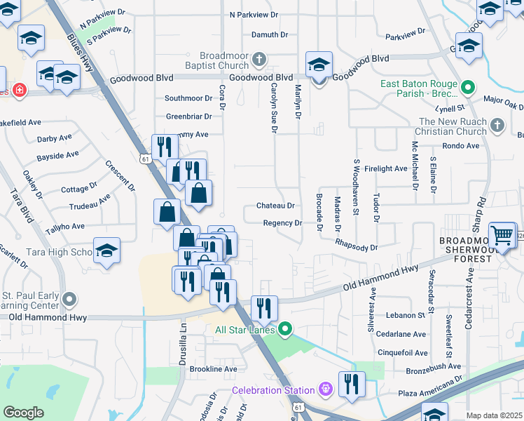 map of restaurants, bars, coffee shops, grocery stores, and more near 9772 Chateau Drive in Baton Rouge