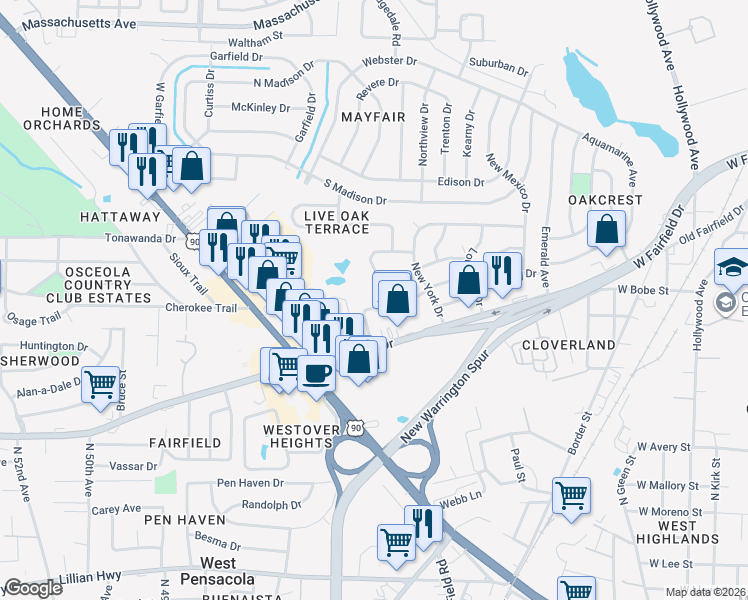 map of restaurants, bars, coffee shops, grocery stores, and more near 8 Tennessee Drive in Pensacola