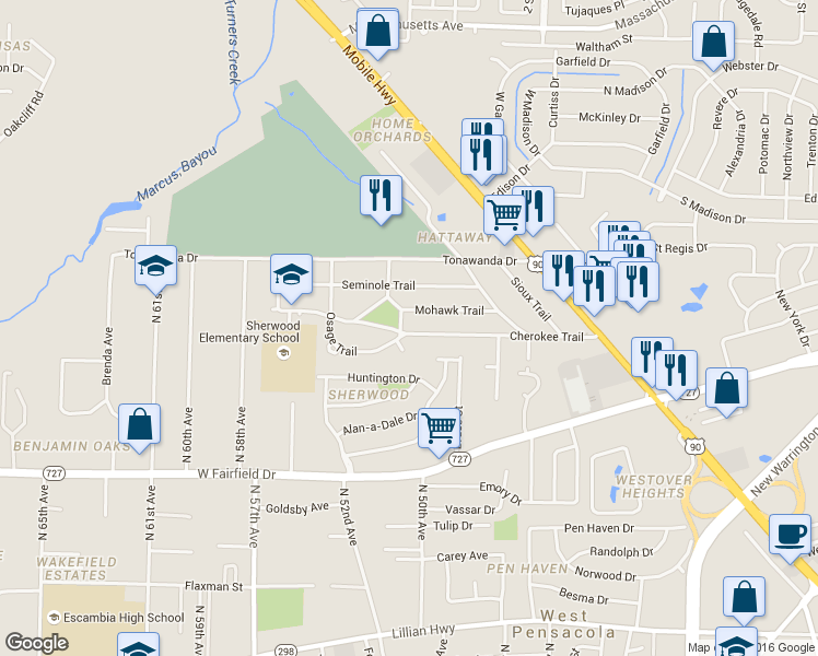 map of restaurants, bars, coffee shops, grocery stores, and more near 238 Cherokee Trail in Pensacola