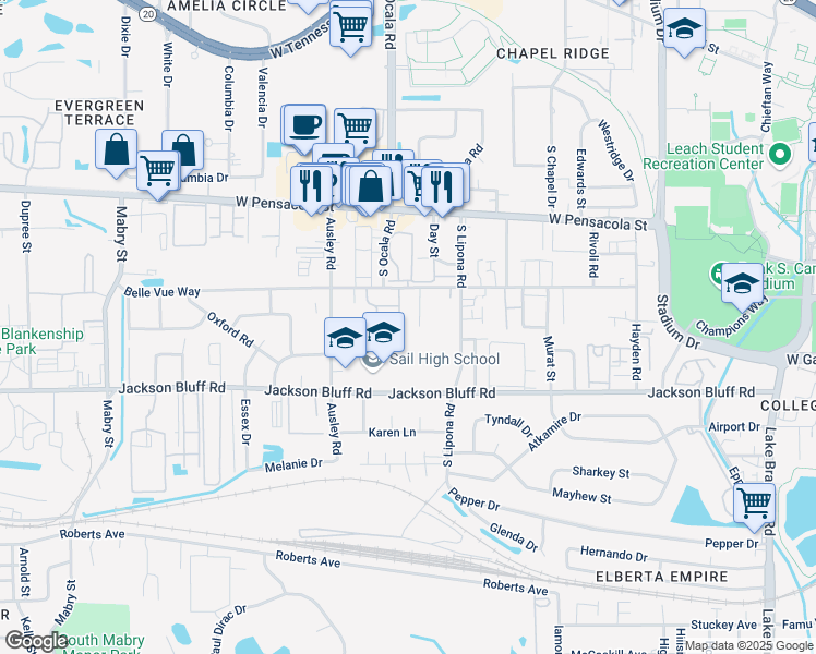map of restaurants, bars, coffee shops, grocery stores, and more near 318 Cardinal Court in Tallahassee