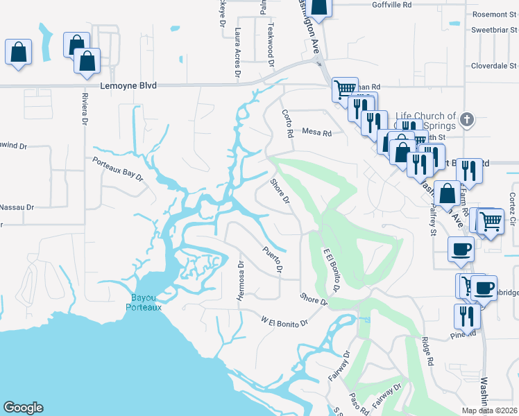 map of restaurants, bars, coffee shops, grocery stores, and more near 14005 Cerro Verde Drive in Ocean Springs