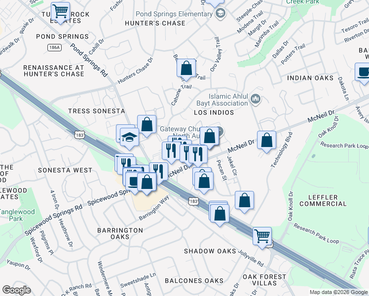 map of restaurants, bars, coffee shops, grocery stores, and more near 7304 McNeil Drive in Austin