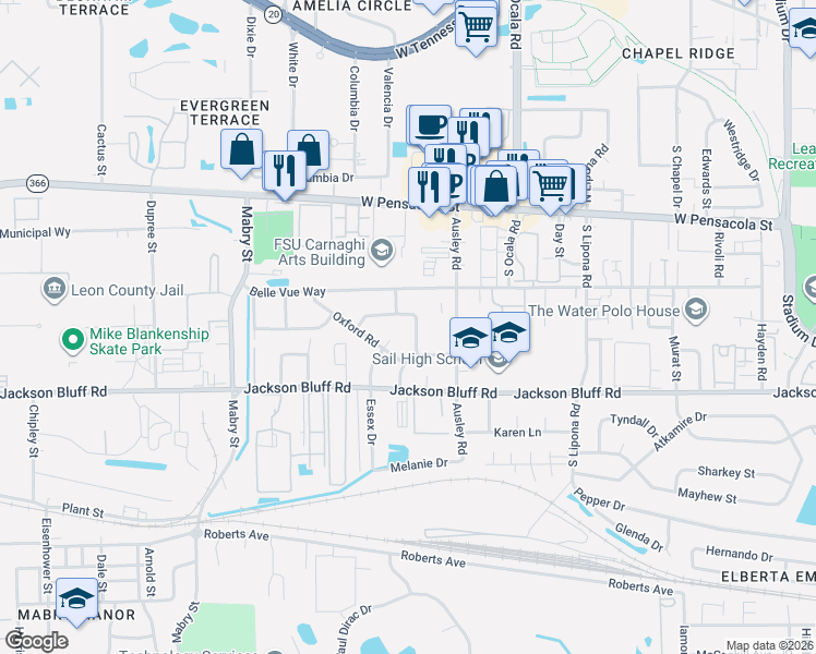 map of restaurants, bars, coffee shops, grocery stores, and more near 323 Meadowbrook Lane in Tallahassee