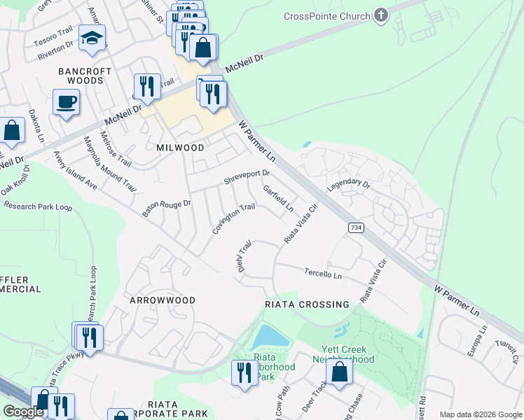 map of restaurants, bars, coffee shops, grocery stores, and more near 12911 Covington Trail in Austin